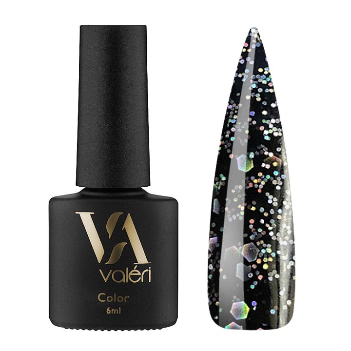 Гель лак для ногтей Valeri Color №101 (черный с голографическими блестками) 6 мл