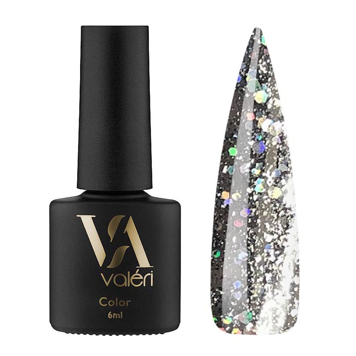 Гель лак для нігтів Valeri Color №102 (темно-сірий з голографічними блискітками) 6 мл
