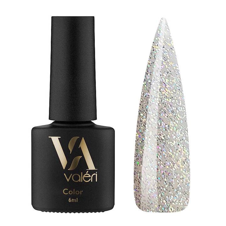 Гель лак для ногтей Valeri Color №104 (серебряный с разноцветными блестками) 6 мл