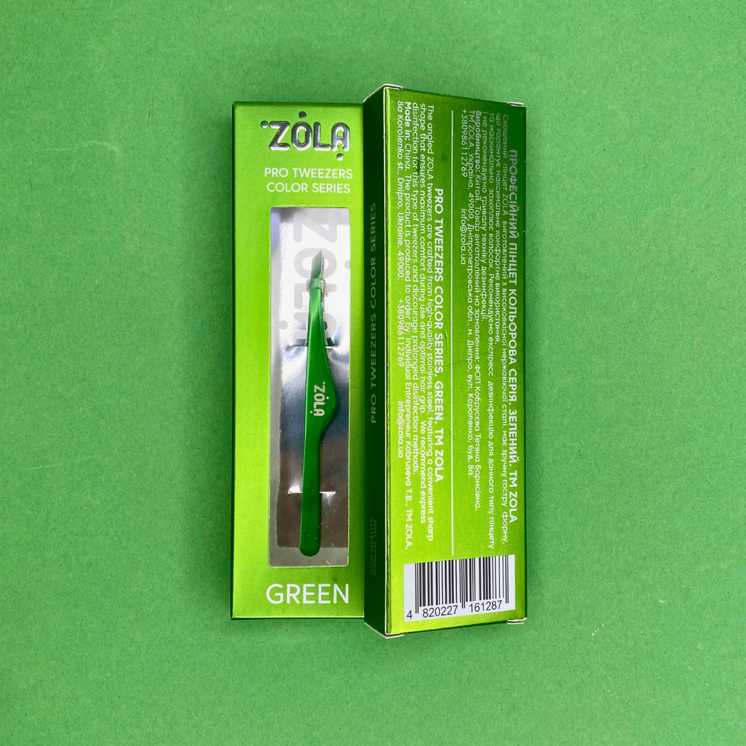 Пинцет скошенный профессиональный для бровей ZOLA Green