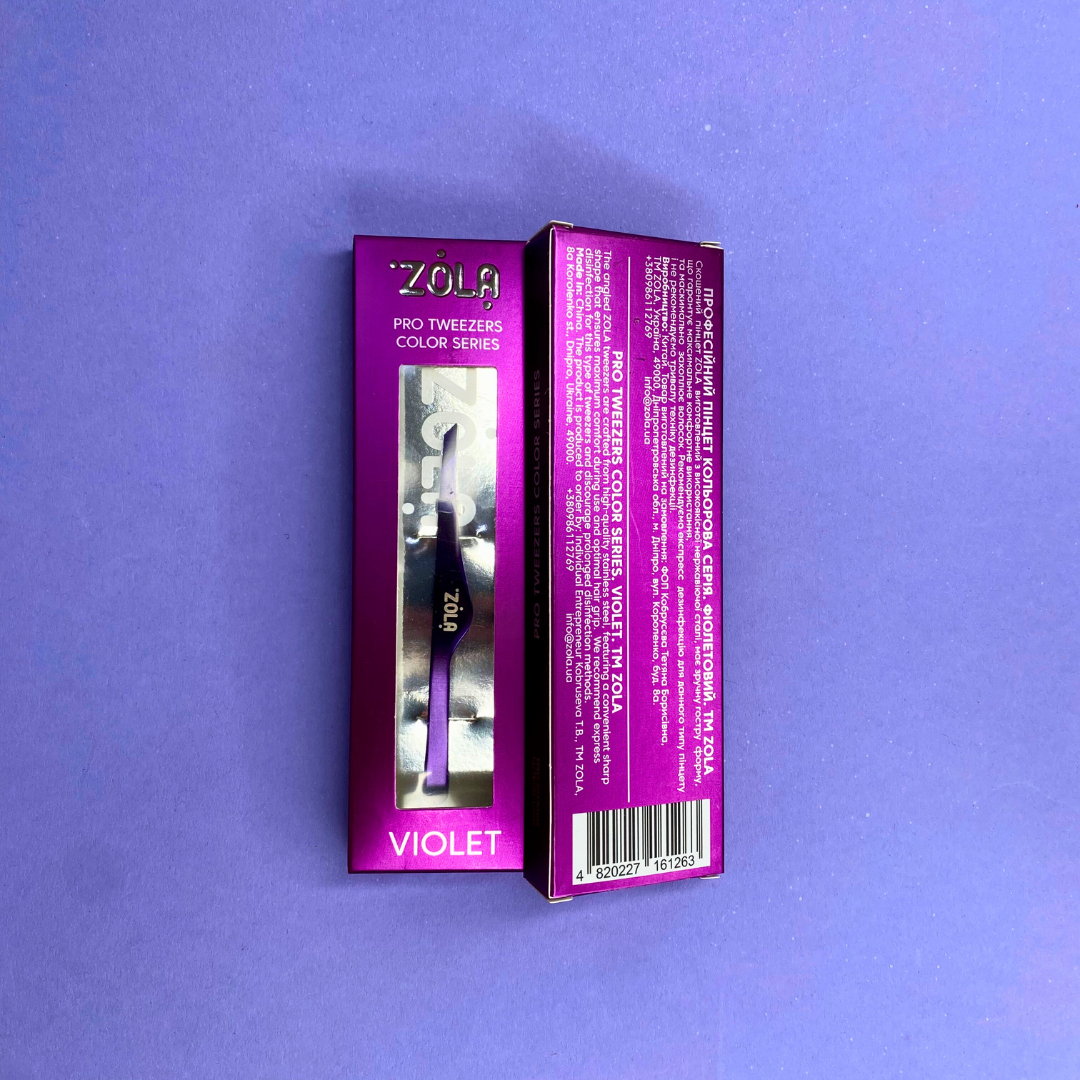 Пинцет скошенный профессиональный для бровей ZOLA Violet