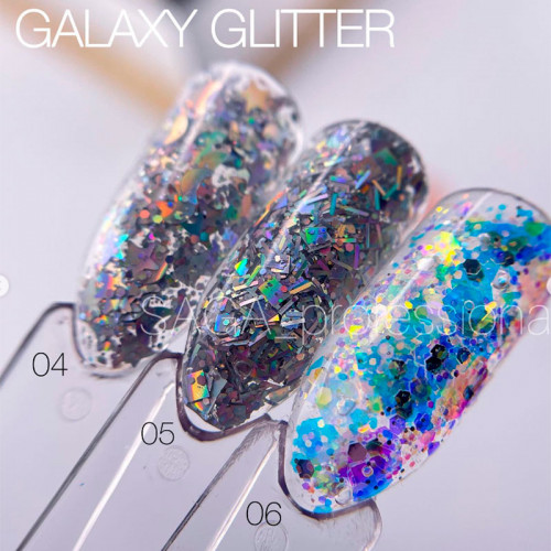 Глітерний гель SAGA Galaxy glitter №004 (прозорий з голографічними півмісяцями, зірками та шестигранниками) 8 мл