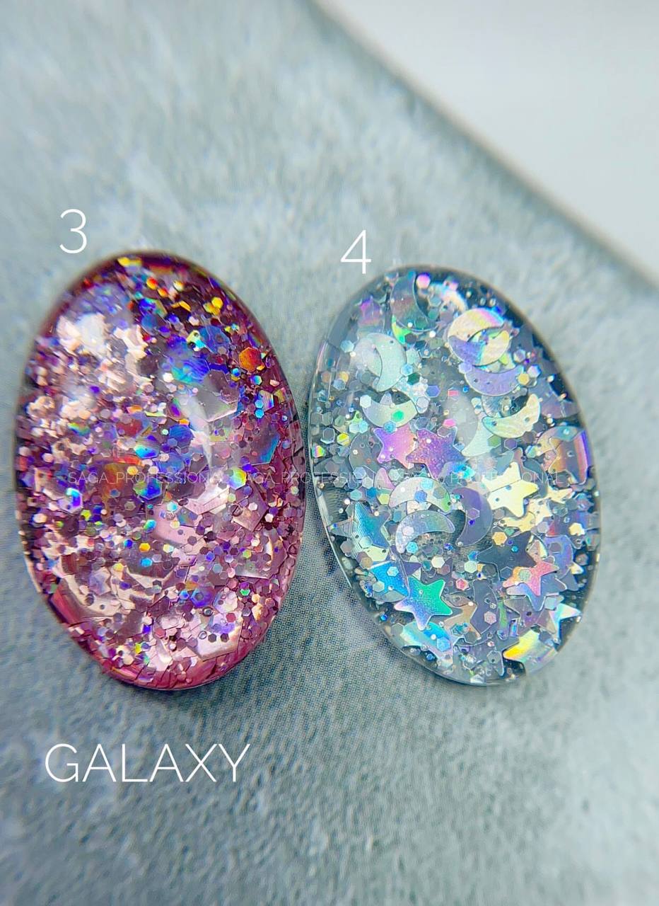 Глитерный гель SAGA Galaxy glitter №004 (прозрачный с голографическими полумесяцами, звездами и шестигранниками) 8 мл