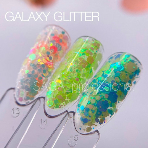 Глітерний гель SAGA Galaxy glitter №013 (прозорий з голографічними кораловими і салатовими блискітками) 8 мл