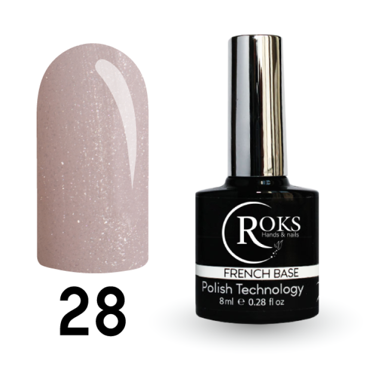 Камуфлююча база для нігтів ROKS Base Rubber French №028 (ніжно-рожевий з мікроблиском) 8 мл